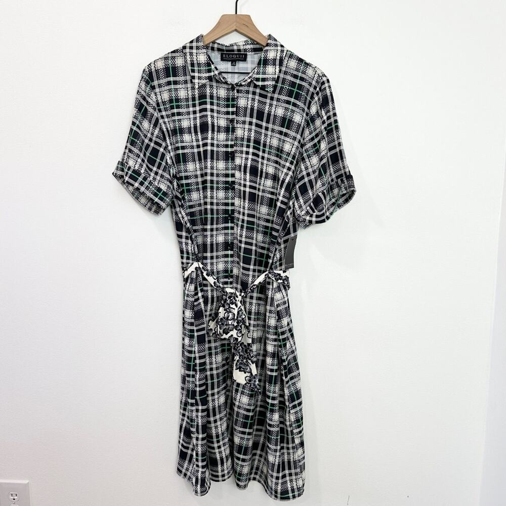 Eloquii Plaid Tie Waist Day Dress Womens Size 28 Black White Green NWT